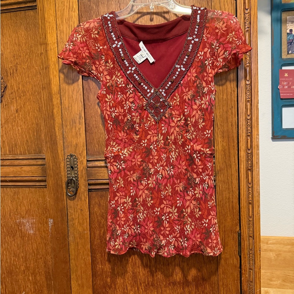 Nine West Burgundy Floral Blouse